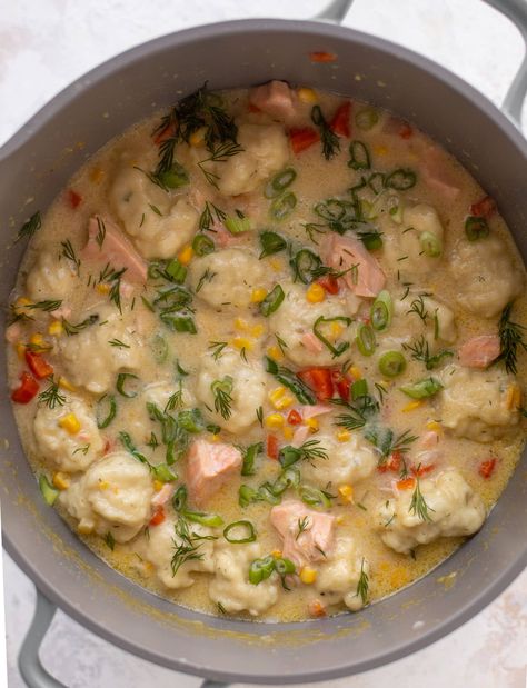 Salmon Chowder Recipe, Salmon Chowder, Chowder Recipes Seafood, Salmon And Sweet Potato, Potato Chowder, Chowder Recipe, Dumplings For Soup, Dump Meals, Carrots And Potatoes