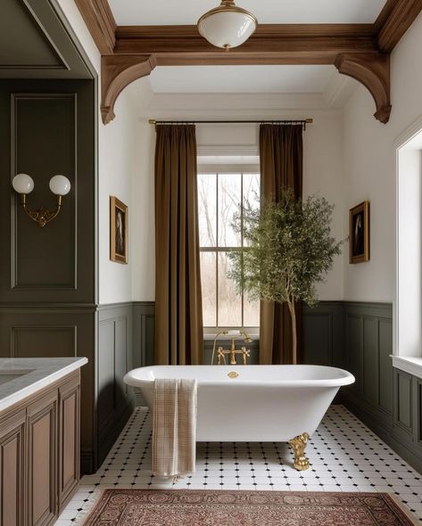 #clawfoottub #bathroomideas #homedecor #interiordesign #bathroomremodel #vintagebathroom #tubdesign #homeinspiration #renovationideas #decor English Country Bathroom, Clawfoot Tub Ideas, Bathroom Clawfoot Tub, Colonial Bathroom, Wood Panneling, Pantry Door Ideas, Best Bathroom Paint Colors, New England Colonial, Clawfoot Tubs