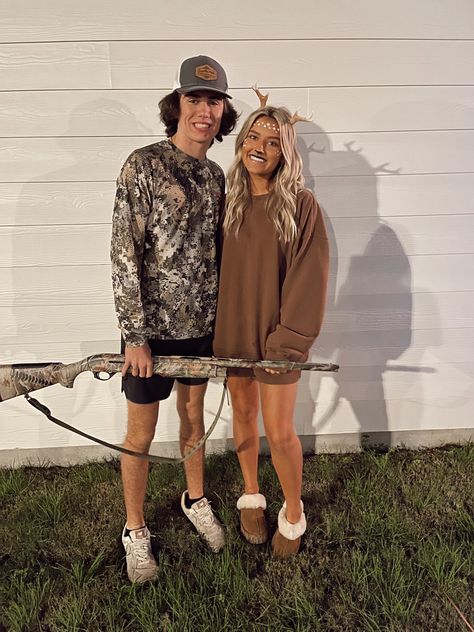 Boy And Girl Costumes For Halloween, Doe And Hunter Couple Costume, Couple Dress Up Costumes, Hunter And Doe Couple Costume, Deer And Hunter Costume Couple, Couples Country Halloween Costume, Couples Outfits Halloween, Hunter Deer Couple Costume, Cow And Cowboy Costume