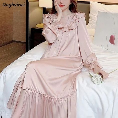 Just found this amazing item on AliExpress. Check it out! $14.12 | Nightgowns Women Autumn New French Style Sexy Solid Ruffles Long Sleeve Loose Sleepwear Classy Casual Lounge Soft Sweet Homewear Princess Nightgowns, Loose Kimono, Buttons Design, Satin Long Sleeve, Nightgowns For Women, Ruffle Long Sleeve, Classy Casual, Linen Pants Women, Princess Style