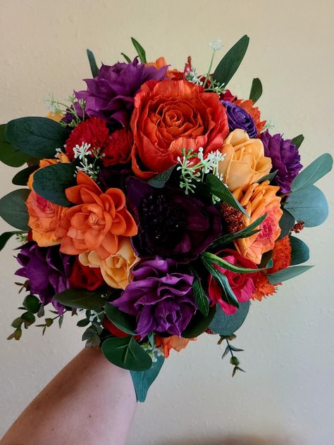 Navy Purple Orange Wedding, Purple Autumn Wedding Flowers, Red Orange Purple Wedding, Red Purple Orange Wedding Flowers, Plum Orange Green Wedding, Purple And Orange Wedding Bouquets, Plum Orange Wedding, Fall Wedding Colors With Purple, Fall Wedding Colors Flowers