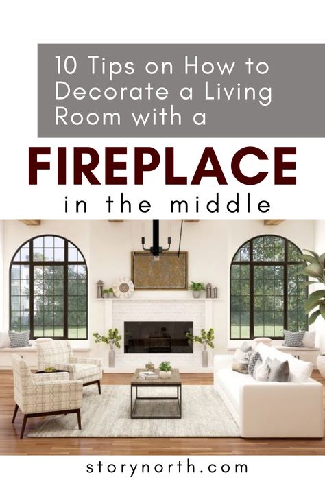 Having a fireplace in itself is a great addition to any living room. Being in the middle, it takes centerstage and is an instant wow factor however you decorate it. Check out our cool 15 tips here. #fireplace #designingfireplace #fireplacedesign #design #livingroom #livingideas #designideas #homeimprovement #homedesign #interiodesign #interiorstyling Center Fireplace Living Room Layout, Furniture Around Fireplace Layout, Arranging Living Room With Fireplace, Living Room With Center Fireplace, Furniture In Front Of Fireplace Ideas, Arrange Furniture Around Fireplace, Living Room Layout With Fireplace And Windows On Each Side, Furniture Beside Fireplace, Family Room With Fireplace And Tv Layout