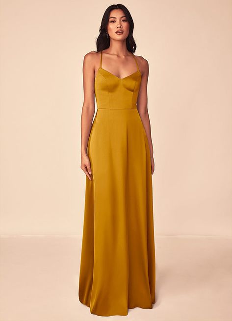 Azazie Mei Stretch Satin Dress Bridesmaid Dresses | Azazie Butterscotch Bridesmaid Dresses, Mustard Dress Outfit Wedding, Mustard Yellow Long Dress, Dark Yellow Dress, Mustard Yellow Bridesmaid Dresses, Sunset Bridesmaid Dresses, Marigold Bridesmaid Dresses, Mustard Bridesmaid Dresses, Mustard Yellow Bridesmaid Dress