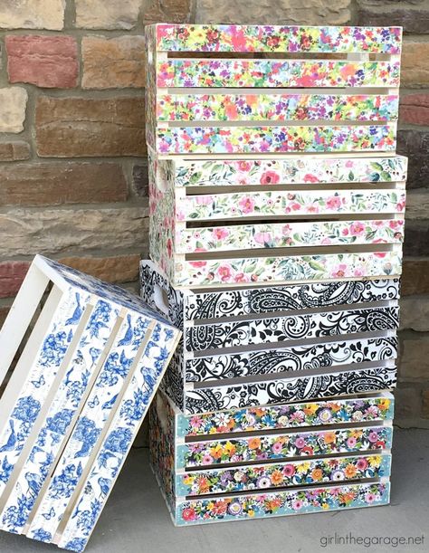 Decoupage Napkin Crates, Framed Cork Boards, and Drawer Shelves - Girl in the Garage® Crate Crafts, Decorative Paper Napkins, Mod Podge Crafts, Decoupage Wood, Cork Boards, Napkin Decoupage, Framed Cork Board, Decoupage Diy, Decoupage Furniture