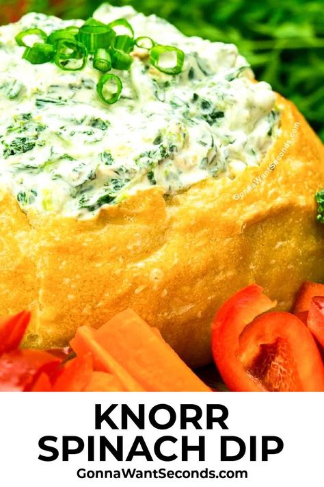 Knorr Spinach Dip served inside a bread, with veggies around Veggies Dip, Knorr Spinach Dip, Best Dip Ever, Dip Party, Best Dip, Spinach Dip Recipe, Vegetable Dip, Buffet Ideas, Water Chestnuts