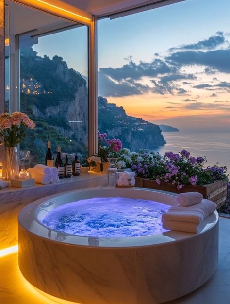 Jacuzzi Bathroom Luxury, Funky Bathrooms, Romantic Bathtub, Dream Bathroom Luxury, Jacuzzi Bathroom, Round Tub, Big Bathtub, Luxurious Bathtubs, Aesthetic Bath