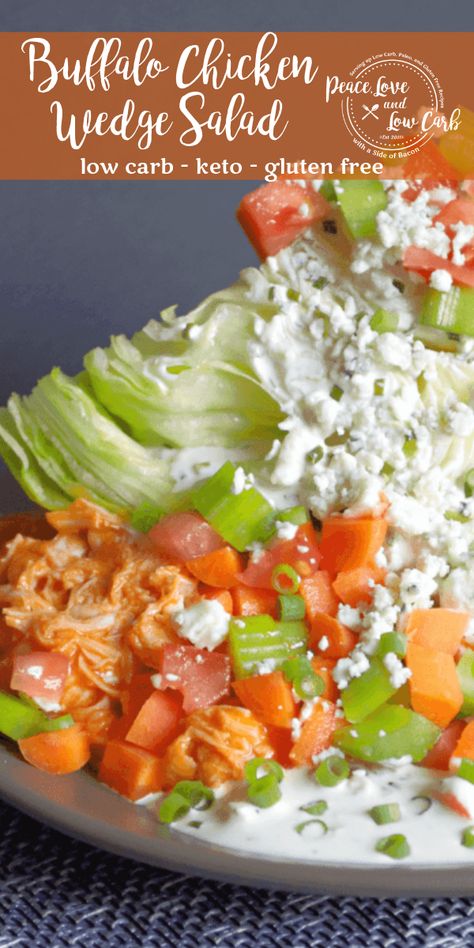 A quick and delicious spin on a classic wedge salad. This Buffalo Chicken Wedge Salad has all the amazing flavors of buffalo wings, with the perfect crunch that only a wedge salad can offer. Chicken Wedge Salad, Classic Wedge Salad, Diet Salad Recipes, Peace Love And Low Carb, Parmesan Wings, Garlic Parmesan Wings, Keto Salad, Salad Diet, Gluten Free Sides