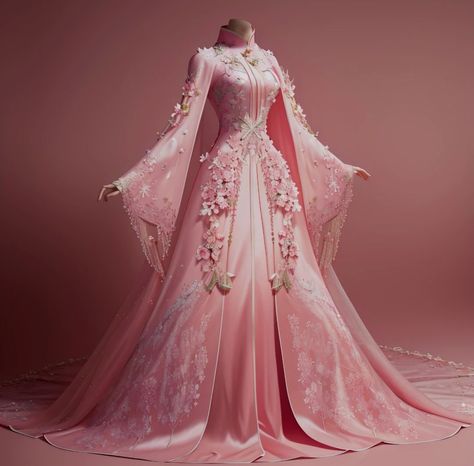 Pink Asian Wedding Dress, Pink Hanfu Dress, Pink Fantasy Outfit, Pink Fantasy Dress, Queen Dress Gowns, Fancy Lifestyle, Chinese Robes, Ottoman Dress, Greek Dress