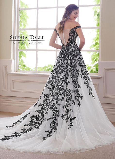 black and white wedding dress off the shoulder aline lace Wedding Dress With Black, Black White Wedding Dress, Black Lace Wedding Dress, Black Lace Wedding, Wedding Dress Black, Black Wedding Gowns, Fit And Flare Gown, Julie Newmar, Sophia Tolli