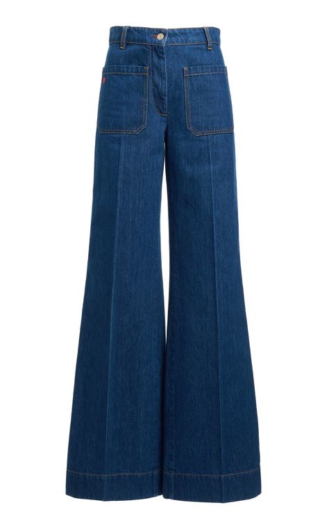 Victoria Beckham Fashion, Beckham Fashion, Wide Legged Jeans, Outfits 70s, Blue Jean Outfits, Tailoring Jeans, 70s Inspired Fashion, 70s Outfits, Wide Leg Denim