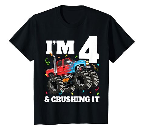 PRICES MAY VARY. I'M 4 & CRUSHING IT! An awesome 4th birthday monster truck design. A cute monster truck fourth birthday toddler design. A cool monster truck theme birthday party design. Lightweight, Classic fit, Double-needle sleeve and bottom hem Monster Truck 2nd Birthday, Truck 2nd Birthday, Monster Truck Theme Birthday Party, Birthday Monster Truck, 2nd Birthday Boy, 4th Birthday Boys, Monster Truck Theme, 5th Birthday Boys, 3rd Birthday Boys