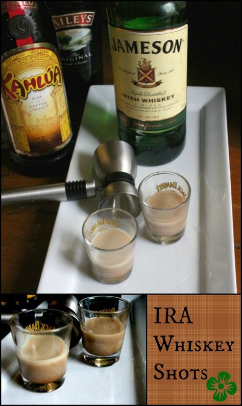 IRA Whiskey shots are creamy and delicious with hints of chocolate and coffee. Restlesschipotle.com Baileys Drinks Cocktails, Jameson Whiskey Drinks, Jameson Drinks, Jameson Cocktails, Baileys Drinks, Restless Chipotle, Irish Drinks, Layered Drinks, Baileys Recipes