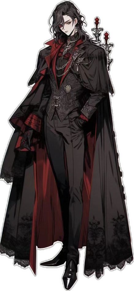 Vampire Outfit Drawing Male, Vampire Aesthetic Clothes Male, Royalty Outfits Men, Victorian Vampire Aesthetic Outfit Male, Gothic Vampire Aesthetic Outfit Male, Royal Gaurd Outfits Male, Royalty Character Design, Black And Red Fantasy Outfit Male, Vampire Royalty