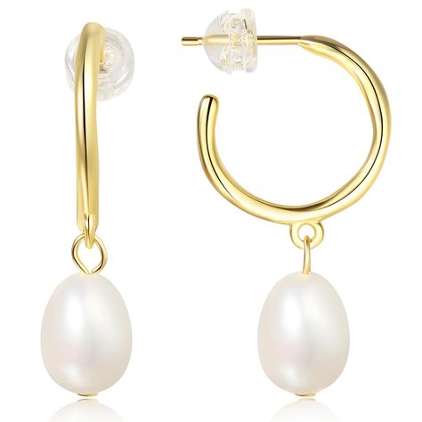 PRICES MAY VARY. Stylish and Timeless: Our pearl drop earrings combine the elegance of fresh water pearls with the everlasting charm of gold hoops. The classic design offers a perfect blend of sophistication and contemporary fashion. Sturdy and Well-Crafted: With a thickness of 2mm and an inner diameter of 10mm, our gold dangle earrings for women are designed to be durable and long-lasting. The 8.3x9.7mm fresh water pearl adds a touch of grace and beauty. Hypoallergenic and Skin-Friendly: We pri