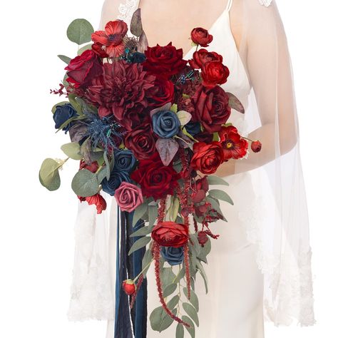 Bridal Bouquet Cascading, Jewel Tone Wedding Flowers, Bouquets For Wedding, Navy And Burgundy Wedding, Artificial Bridal Bouquets, Cascading Bridal Bouquets, Cascading Wedding Bouquets, Red Bouquet Wedding, Bridal Bouquet Pink