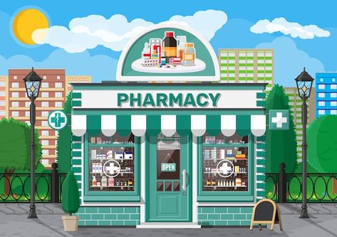 Facade pharmacy store with signboard | Premium Vector #Freepik #vector #pharmacy-store #drugstore #medical-store #street-shop Pharmacy Pictures, Pharmacy Art, Christmas Lights Background, Green Leaf Background, Pharmacy Store, Gift Vector, Pharmacy Design, Christmas Landscape, Vision Board Pictures