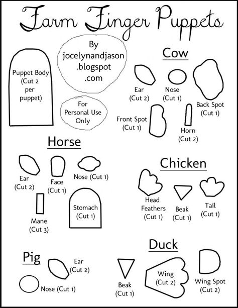 Farm Animal Finger Puppets free template - Horse, Cow, Duck, Chicken, & Pig Finger Puppets For Kids, Finger Puppet Patterns, Felt Puppets, Quiet Book Templates, Puppets For Kids, Diy Quiet Books, Baby Quiet Book, Felt Finger Puppets, Puppet Patterns