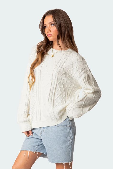 Jessy Cable Knit Oversized Sweater – edikted Cable Net Sweater, Fall Sweater Trends, Cable Knit Oversized Sweater, Knit Oversized Sweater, White Cable Knit Sweater, Dressy Sweaters, Cream Knit Sweater, White Knit Sweater, Woven Sweater