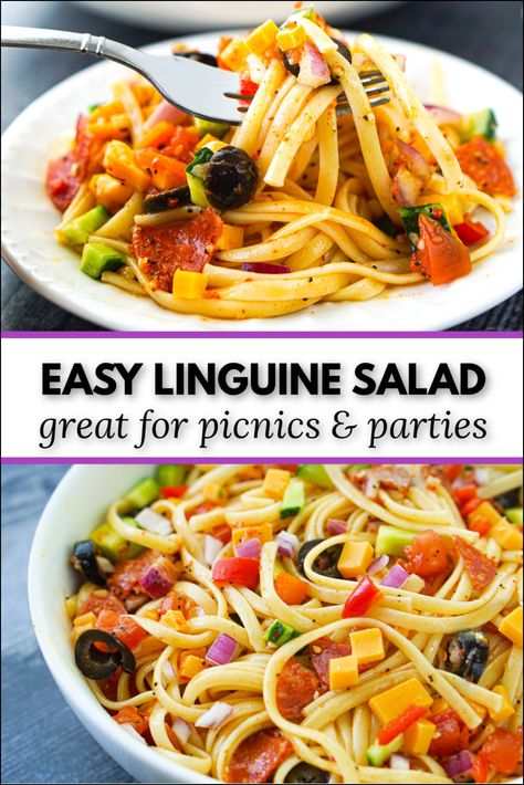 white bowl with easy linguine salad and text Linguine Salad Supreme, Summer Linguine Salad, Linguine Salad Recipes, Cold Linguine Pasta Salad, Linguini Pasta Salad Recipes, Linguine Salad Cold, Linguine Pasta Salad, Summer Pasta Salad Recipes Cold, Linguine Salad