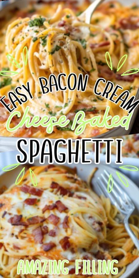 Easy Bacon Cream Cheese Baked Spaghetti—a decadent twist on a classic pasta dish that's sure to delight your taste buds. This creamy and flavorful recipe features al dente spaghetti coated in a rich cream cheese sauce, mixed with crispy bacon pieces, and baked to golden Cream Cheese Baked Spaghetti, Cheese Baked Spaghetti, Cheesy Spaghetti, Cream Cheese Sauce, Cheese Baked, Easy Bacon, Easy Cheese, Baked Casserole, Pasta Dinner Recipes