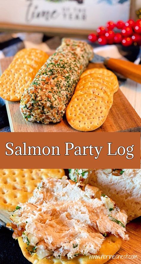 Photo of whole Salmon Log on cutting board with crackers and another photo of a cracker with salmon log spread on it. Smoked Salmon Balls Recipes, Salmon Party Food, Salmon Log Recipe, Salmon Cheese Ball Recipes, Salmon Appetizer Recipes Finger Foods, Smoked Salmon Cheese Ball, Salmon Party Recipes, Cheese Logs Appetizers, Salmon Hors D’oeuvres