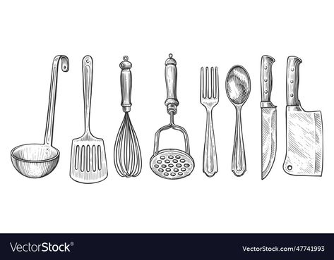 Cooking Sketch, Utensil Illustration, Kitchen Utensils Cartoon, Utensils Illustration, Utensils Drawing, Cooking Utensils Illustration, Diner Menu, Color Logo, Kitchen Tools