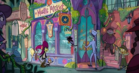 Izzy Burton // Artist on Instagram: "✨Toil & Trouble ✨Lauren Faust, our wonderful show creator back on Toil & Trouble shared some of the previously leaked artwork on Twitter last night so I’m going to share what she shared because it’s out there and to show SOMETHING I did for the show is better than nothing. Here is a BG I did of the Magic Shop. The exterior was a concept dreamed up alongside my AD Justin Martin, and the characters are by the excellent @izzyabreu with character colour I believe Izzy Burton, Luck Spell, Witches Cottage, Toil And Trouble, Animation Tutorial, Cartoon Background, Magic Shop, Character Design Animation, Animation Background