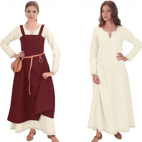 Women's Medieval Viking Apron Overdress with Laced Back Tunic Dress Set 2 PCS Outfits for LARP Ren Faire Renaissance Fair Party Carnival Halloween Dress Viking Clothing Women, Medieval Costume Women, Elven Woman, Medieval Woman, Viking Clothing, Medieval Costume, Dress 2024, Party Skirt, Vestidos Vintage