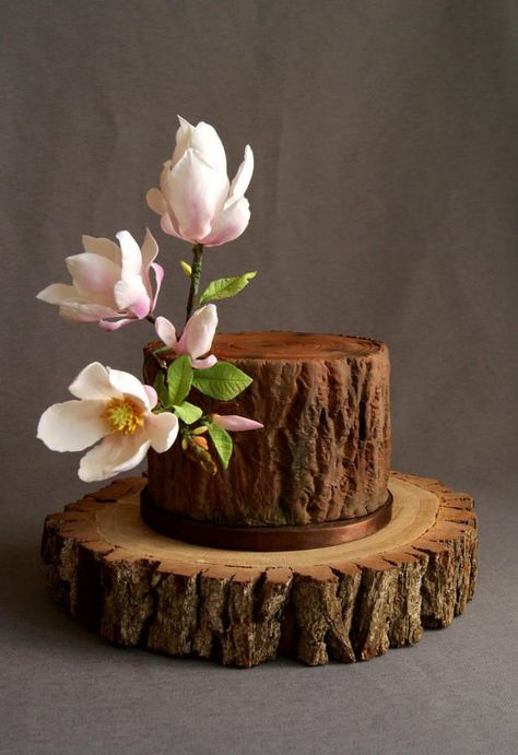 Magnolia tree trunk by Katarzynka Trunk Cake, Tree Trunk Cake, Tree Stump Cake, Cake With Flowers, Magnolia Tree, Cake Central, Tree Cake, Forest Cake, Rustic Cake