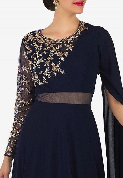 Hand Embroidered Viscose Georgette Sheer Back Gown in Navy Blue Embroidery Gown, Embroidered Kurtis, Indian Wedding Outfit, Reception Gown, Dress Book, Embroidered Designs, Indian Gowns Dresses, Utsav Fashion, Indian Gowns