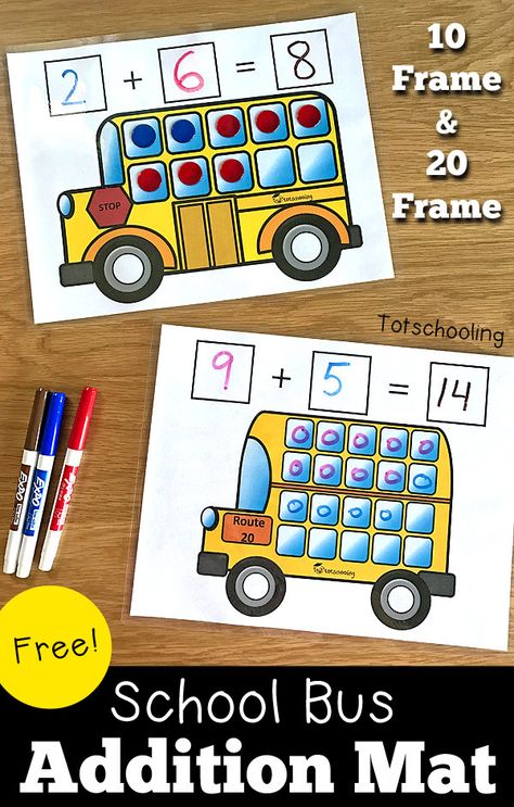 FREE printable addition mats featuring a school bus, perfect for kindergarten math and learning to add. Also featuring a review of the mobile app Zap Zap Kindergarten Math. Tk Curriculum, Addition Mats, Kindergarten Math Review, Addition Kindergarten, Math Activities For Kids, Math Centers Kindergarten, Math Addition, Kindergarten Math Worksheets, Math Methods