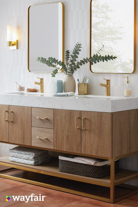 With a (preassembled!) double vanity, under-the-sink storage, and gold hardware, you can organize it all, revamp, and see your bathroom in a whole new light (for less). Mid Century Bathroom Vanity, Bespoke Bathroom, Mid Century Modern Bathroom, Mid Century Bathroom, Master Bath Remodel, Renovation Design, Bathroom Vanity Cabinets, Modern Bathroom Vanity, Bathroom Renos