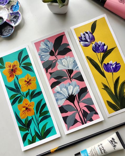 Gouache Painting Bookmark, Himi Gouache Art Simple, Bookmarks Acrylic Paint, Gouache Bookmarks Ideas, Bookmark Painting Ideas Acrylic, Painted Bookmarks Acrylic, Gouache Bookmark, Art Knowledge, Watercolor Bookmarks