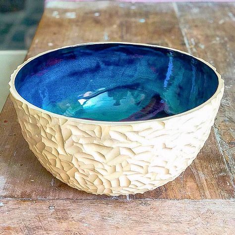 Large, carved bowl with unglazed exterior and Northern lights glaze combo on the interior. Here is what I use for the Northern lights… Carved Bowl, The Northern Lights, Pottery Studio, Wheel Thrown, Insta Art, Serving Bowls, Northern Lights, Glaze, Carving