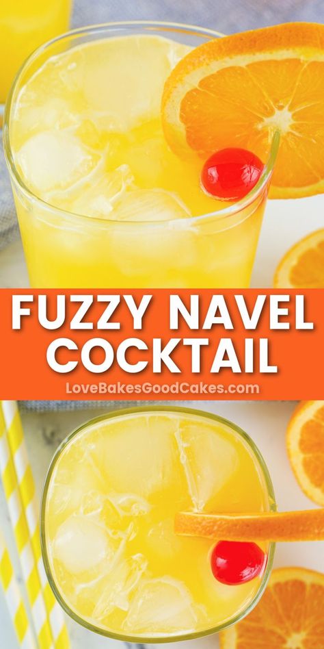 Fuzzy Navel Cocktail pin collage Fuzzy Navel Drink, Fuzzy Peaches, Fun Party Drinks, Virgin Cocktails, Happy Hour Food, Fuzzy Navel, Best Cocktail Recipes, Delicious Drink Recipes, Easy Drinks