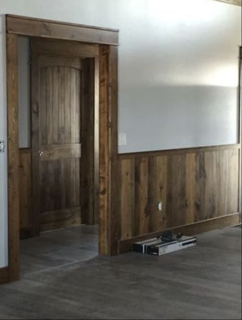 Rustic Half Wall Ideas, Wall Half Wallpaper Half Wood, Wood On Bottom Half Of Wall, Burnt Wood Trim Ideas, Half Pallet Wall, Wood Paneling Halfway Up Wall, Wood Halfway Up Wall, Walnut Shiplap Wall, Hunting Cabin Kitchen Ideas