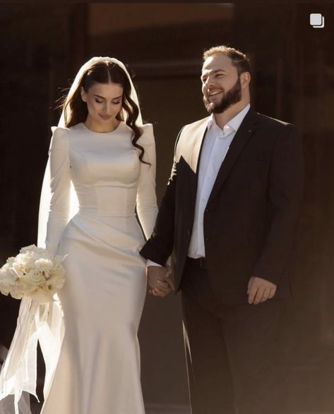 Megan Markle Wedding Dress Style, Church Wedding Dress Catholic, Arabic Bride Dress, Silk Wedding Dress With Sleeves, Jewish Wedding Dress, Wedding Night Outfit, Satin And Lace Wedding Dress, Catholic Wedding Dresses, Post Wedding Outfit