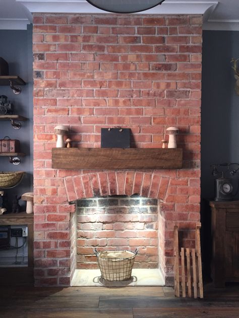 Fireplace Brick Ideas, Pub Fireplace, Log Burner Living Room Brick, Brick Chamber Fireplace, Brick Inglenook Fireplace Lighting, Brick Slip Log Burner, Exposed Brick Fireplaces, Wood Burning Stoves Living Room, Log Burner Living Room