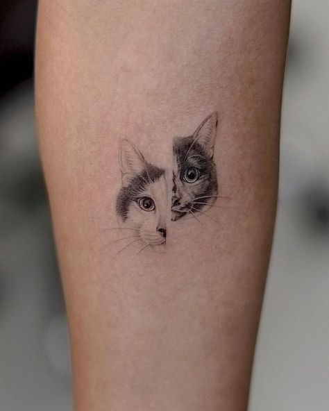 Tattoo Of Two Cats, Cute Pet Tattoo Ideas, Two Cats Tattoo Ideas, Cat Idea Tattoo, Simple Cat Portrait Tattoo, Cat Lion Tattoo, Small Cat Portrait Tattoo, Small Two Cat Tattoo, Tattoos Of Pets