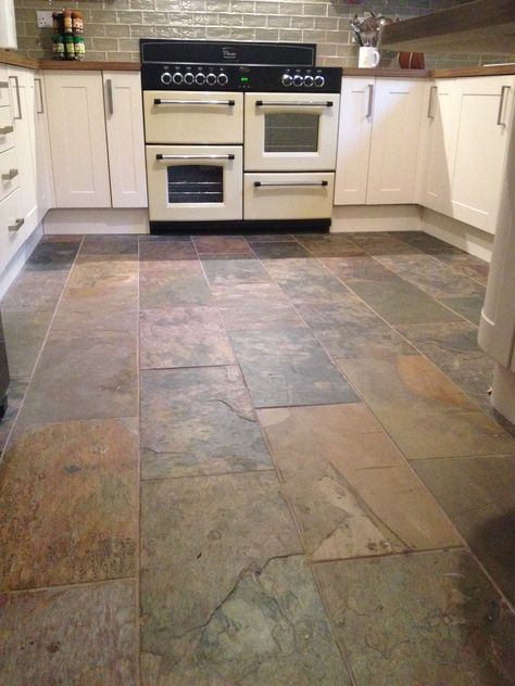 Our Sheera 600x300mm Natural Stone Tiles look wonderful in this kitchen design. The autumnal colour looks fantastic with the cream doors and oak worktops selected by Anna Masselink. Kitchen Slate Tile Floor, Slate Tile Kitchen Floor, Kitchen With Slate Floor, Kitchen Slate Floor, Slate Tile Floor Kitchen, Stone Kitchen Floor, Concrete Kitchen Floor, Slate Floor Kitchen, Slate Floors