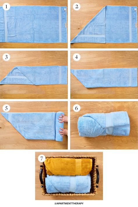 The Trick to Folding Hotel-Quality Towels (It Works Every Time!) Towel Folding Ideas Bathroom, Hotel Towel Folding, Soften Towels, Goddess Tips, Fold A Towel, Folding Hacks, Easy Napkin Folding, Fold Towels, Towel Folding