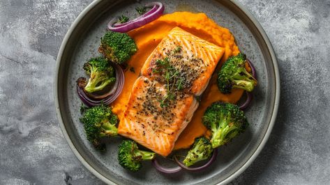 Salmon with Curried Carrot & Swede Puree and Roasted Vegetables Soup Starter, Chopped Carrots, Vegetable Puree, Roasted Broccoli, Evening Meals, Salmon Fillets, Batch Cooking, Easy Lunches, Roasted Vegetables