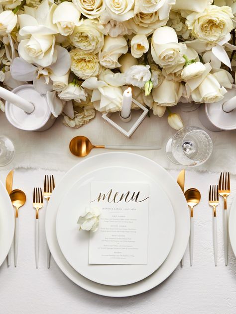 Monochromatic white place setting with modern gold flatware. #wedding #weddings #weddingdesign #weddinginspiration #weddingdetails #weddingdecor #weddingplanning #weddingdecoration #weddingplacesettings #weddingstationery #weddingguest Gold Flatware Wedding, Wedding Flatware, Gold Flatware, All White Wedding, Wedding Place Settings, Sustainable Wedding, Wedding Table Flowers, Coast To Coast, Wedding Table Settings