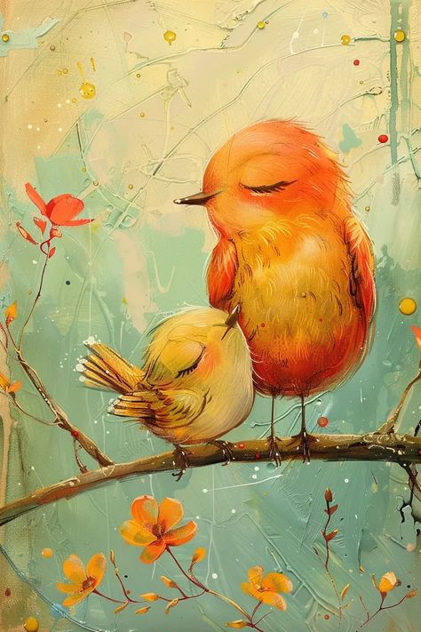 Midjourney AI Image: Adorable Mother bird and baby bird smiling and looking lovingly towards each other, whimsical, prett... → more in ai-img-gen.com Birding Journal, Scattered Flowers, Mother Bird, Whimsical Paintings, Baby Bird, Two Birds, Pretty Birds, Bird Illustration, Vintage Printables