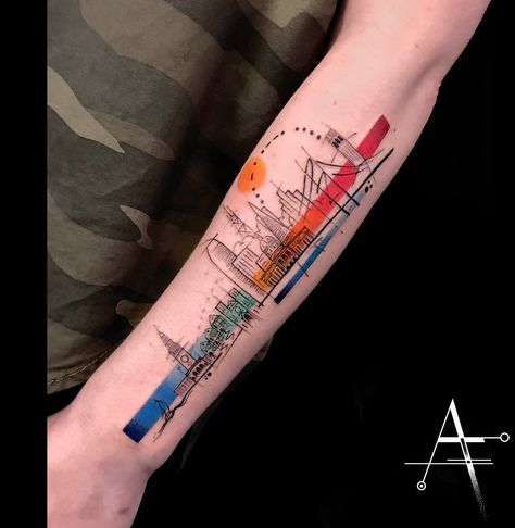 City Landscape Tattoo, Skyscraper Tattoo, World Skyline Tattoo, San Francisco Skyline Tattoo, Cityscape Tattoo, San Francisco Tattoo, Skyline Tattoo, Rainbow Tattoos, Surreal Tattoo