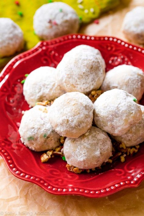 Pecan Snowball Cookies | Sally's Baking Addiction Snowball Christmas Cookies, Russian Teacakes, Sand Tarts, Pecan Snowballs, Pecan Snowball Cookies, Snowball Cookie Recipe, Pecan Desserts, Pistachio Cookies, Martha Stewart Recipes