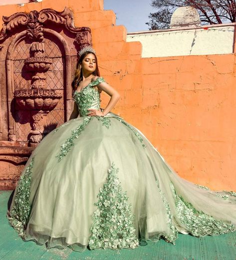 Sage Green Ball Gown, Ball Gown Green, Long Sweet 16 Dresses, Enchanted Forest Quinceanera Theme, Quinceñera Ideas, Quince Makeup, Princess Quinceanera Dresses, Princess Tiana Birthday Party, Xv Ideas