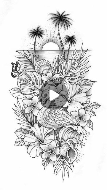 Jungle Flowers Tattoo, Waterfall Tattoos, Sunset Tattoo Design, Ocean Tattoos Sleeve For Women, December Tattoo, Waterfall Tattoo, Tropical Flower Tattoos, Sunset Tattoo, Sunset Tattoos