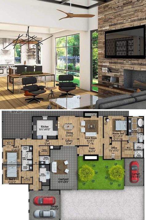 This is a 1 story midcentury style house plan with 3 bedrooms and 2.5 bathrooms. Shown midcentury modern great room with a fireplace. Find beautiful interior design and décor in this 2,828 sq ft luxury home. Get the full floor plan layout and blueprint at: https://www.architecturaldesigns.com/house-plans/mid-century-modern-house-plan-with-courtyard-430010ly?cjevent=566a3d88c28f11ea83a200f70a180510 #floorplan #houseplan #blueprint #homelayout #singlestory Mid Century Modern Blueprints, 3 Bedroom Mid Century Floor Plan, Mid Century Modern Mansion Floor Plans, Mid Century Layout, Mid Century Modern Layout, Mid Century Modern House Floor Plans, Mid Century Modern Floor Plan, One Story Mid Century Modern House Plans, Mid Century Modern House Plans 4 Bedroom