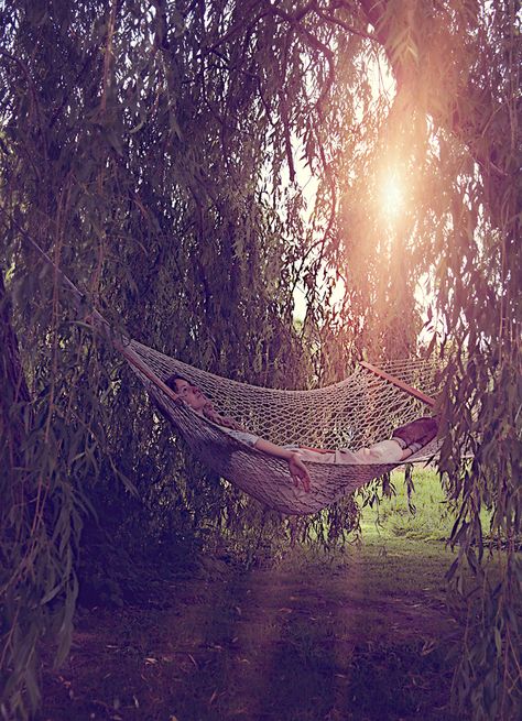 girl in hammock, inspired by paintings, willow tree, sunshine, victorian, farm yard, english countryside House With Willow Tree, Magical Willow Tree, Willow Asthetic, Willow Tree Blowing In Wind, Forest Hammock Aesthetic, Weeping Willow Tree, Tree Swing, Weeping Willow, Cob House